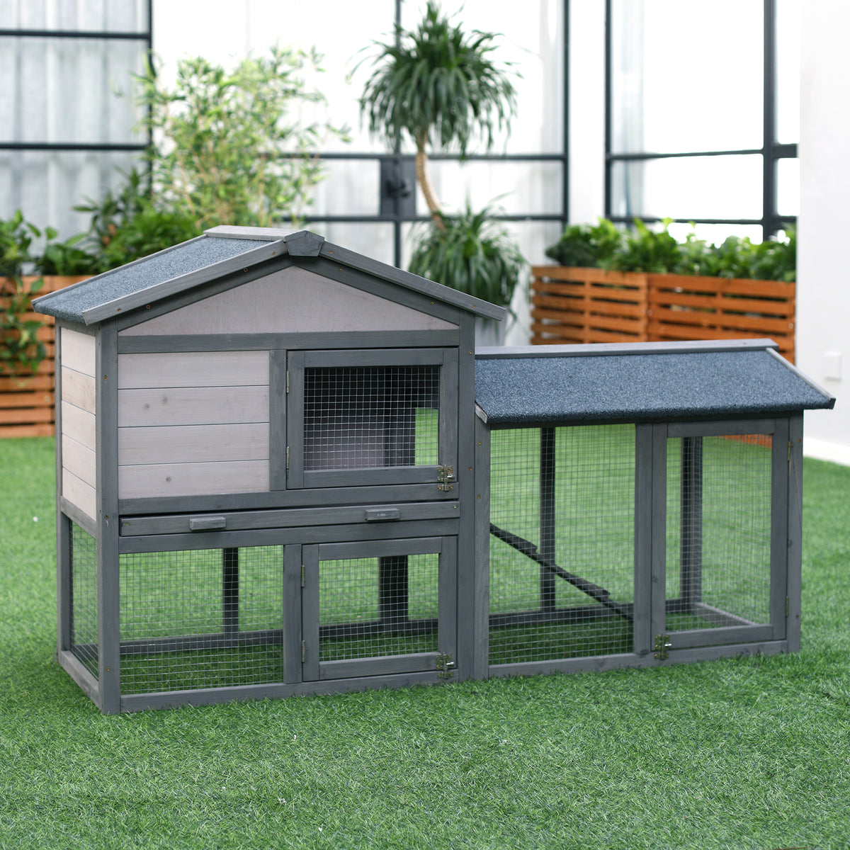 Wooden Rabbit Hutch 147 x 54 x 84 cm Rabbit Cage with Weatherproof Bitumen Roof, Outdoor Enclosure, Ramp (2)
