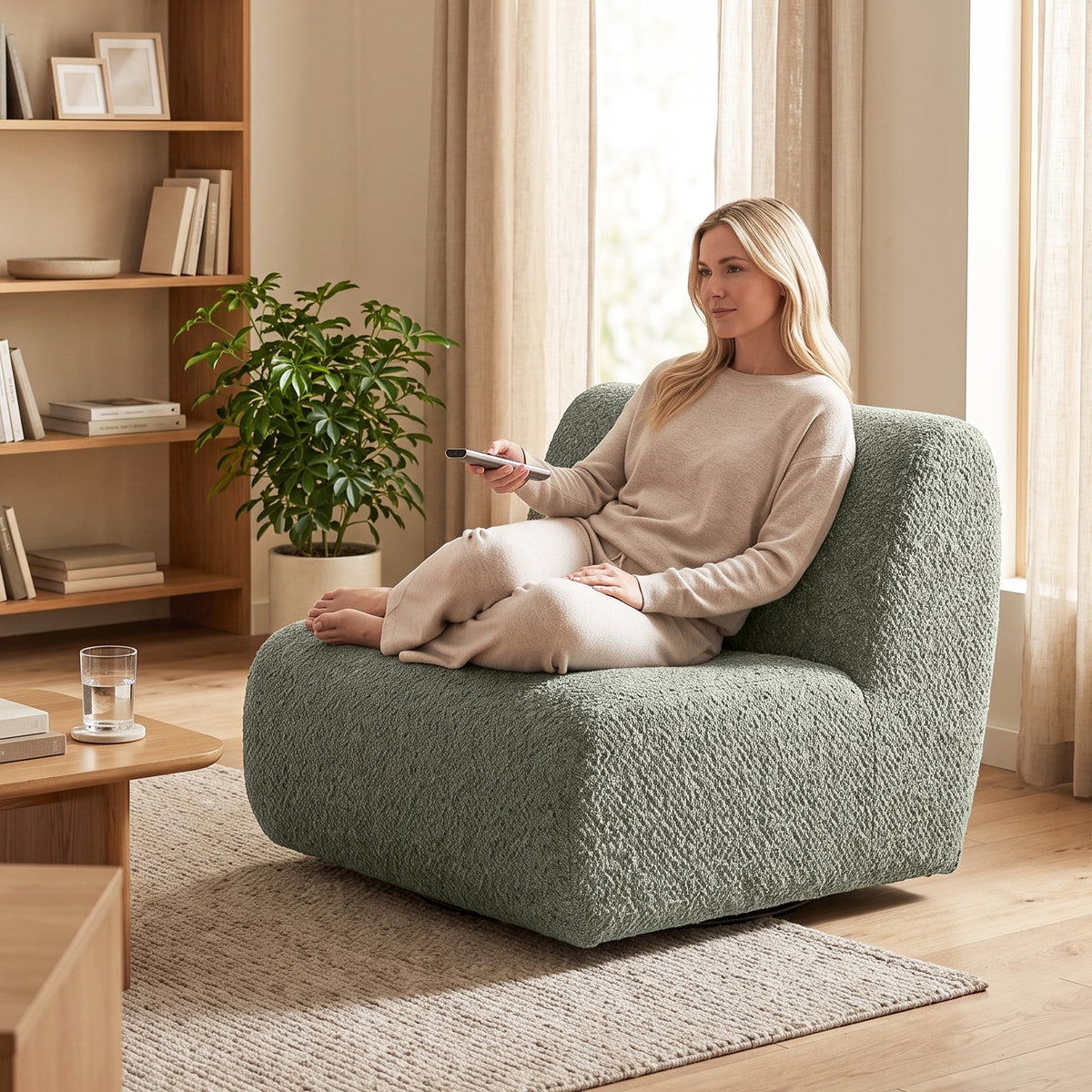 Armchair Swivel lounge chair with chenille look, wide seat, for living room, bedroom, grey (9)