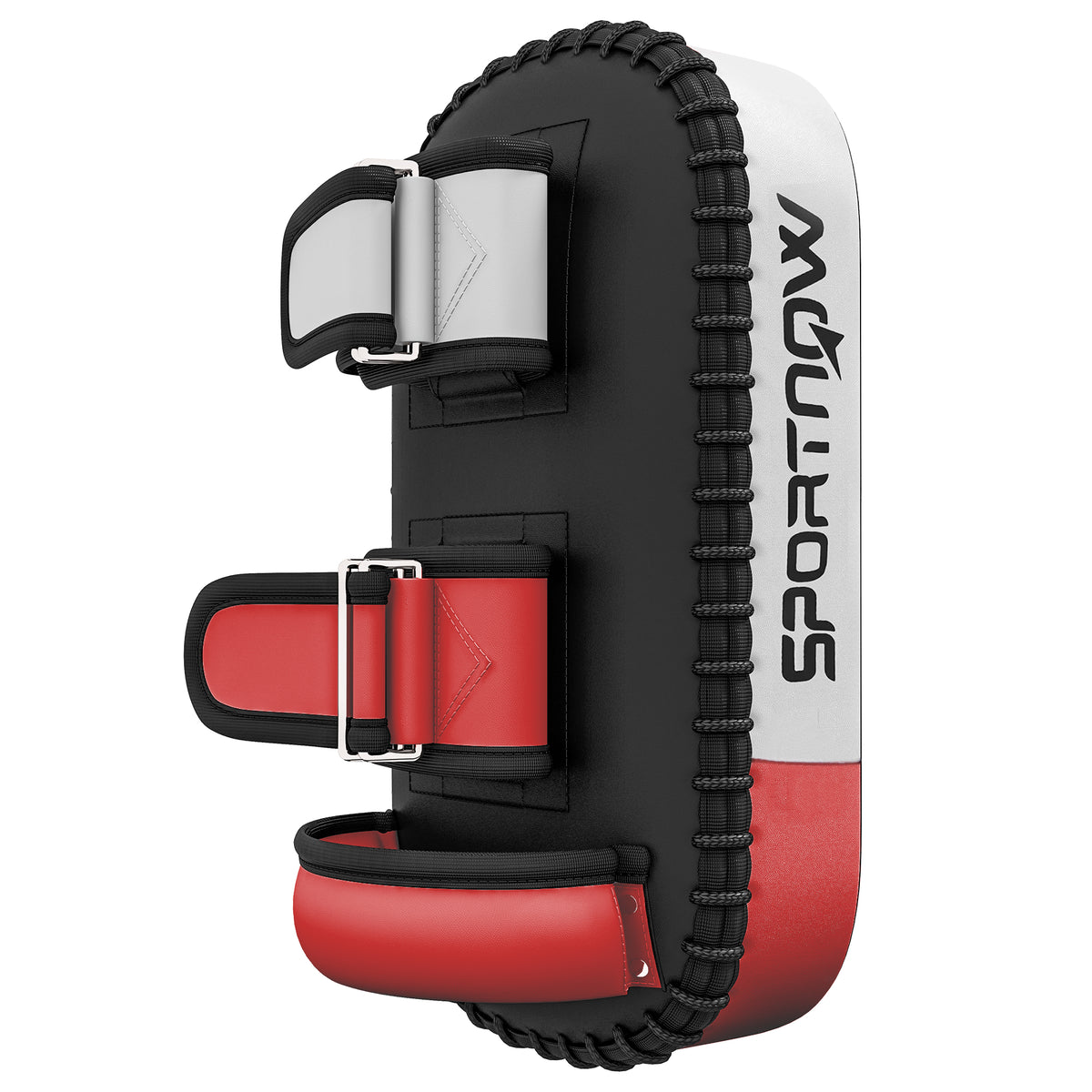 Kick pads for Muay Thai, kickboxing, synthetic leather cover, 0.4 kg, 38x20x18 cm, black/red/white