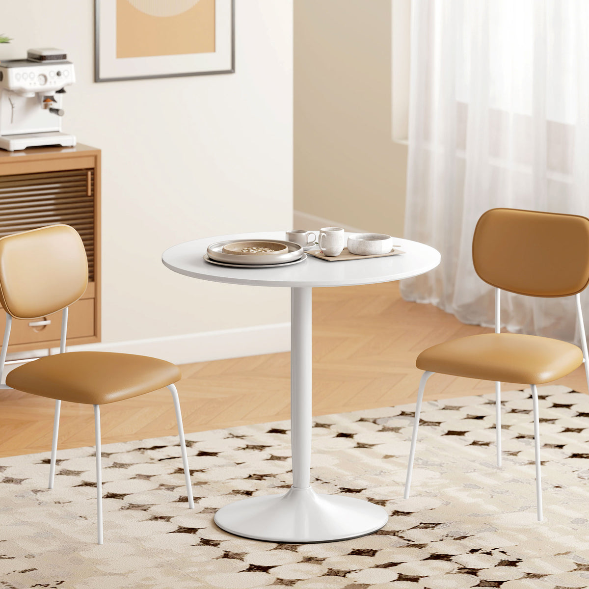 Dining table for 2 people, round tabletop Ø80 cm, MDF and steel, non-slip, white, 75H cm (2)