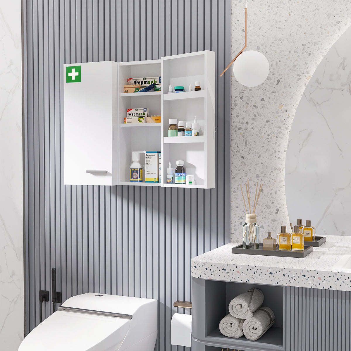 Medicine cabinet, 6 internal compartments, lockable, 2 doors, sturdy steel housing, white, 55 x 18 x 60 cm (2)