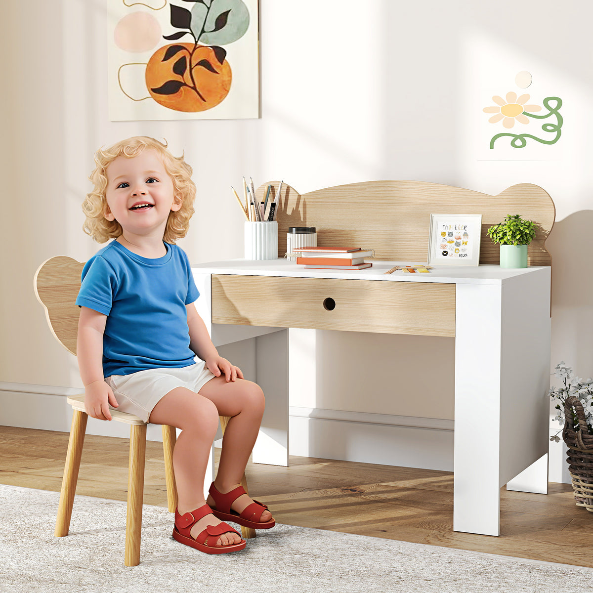 Kids' desk set, bear-shaped table and chair with drawer, for writing and crafting, 3-8 years, natural wood (2)