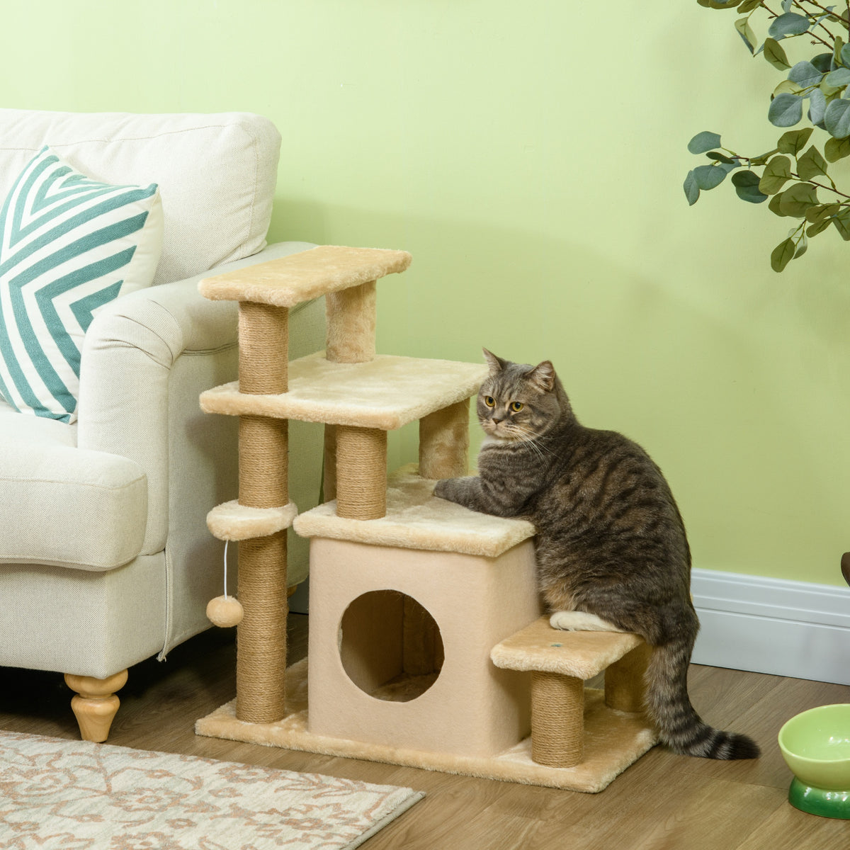 Pet stairs, scratching post, 4 steps, play ball, little house, height-adjustable, 60 x 40 x 66 cm, beige (2)