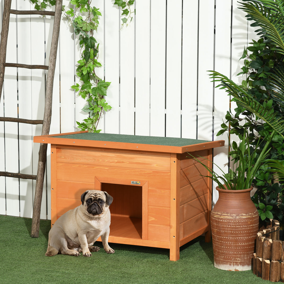 Outdoor Dog House, Wooden Dog Kennel with Openable Asphalt Roof, Waterproof Dog Den with Elevated Floor for (2)