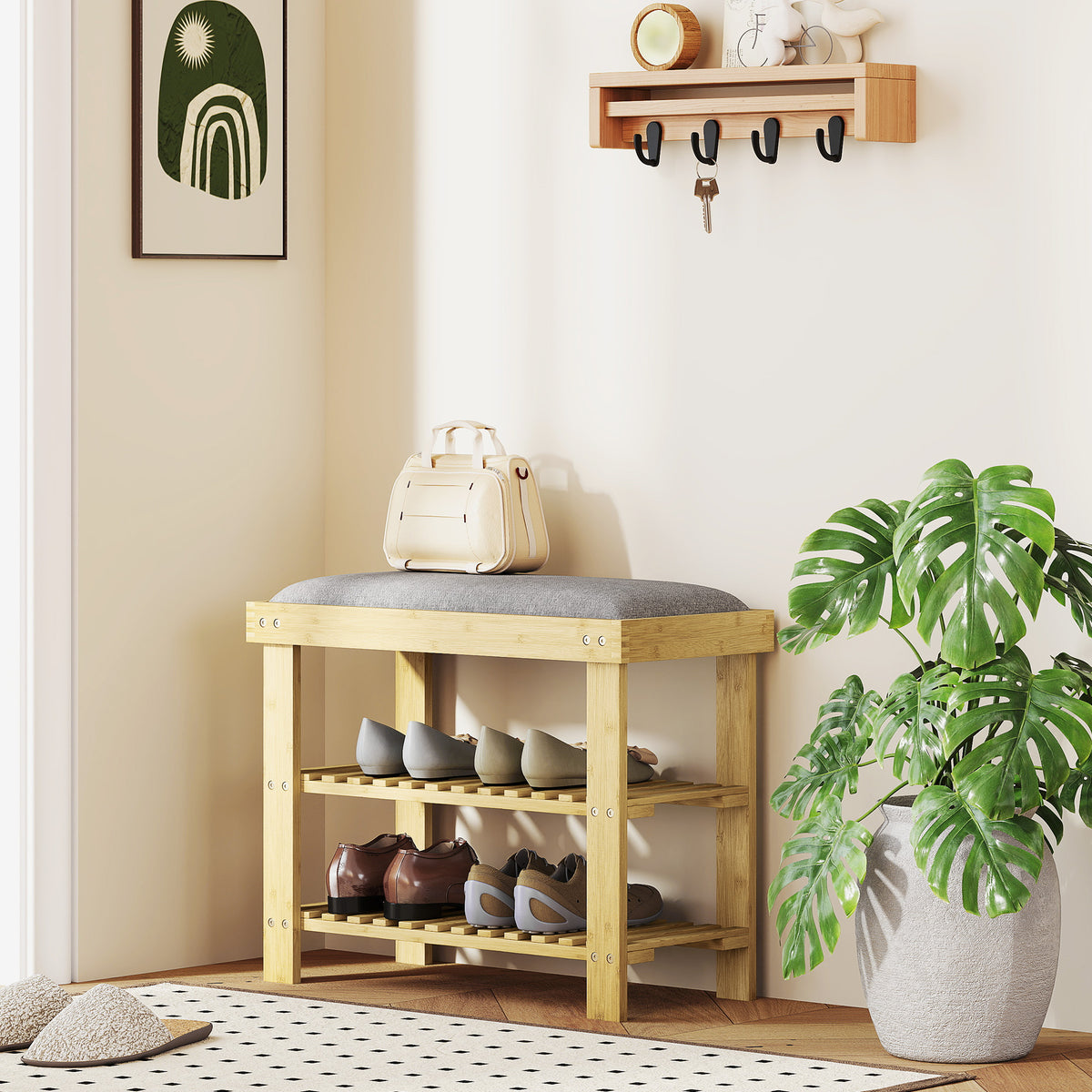 Shoe bench with seat, bamboo bench with storage, 2 open compartments, bench 60 x 29 x 49 cm grey (2)