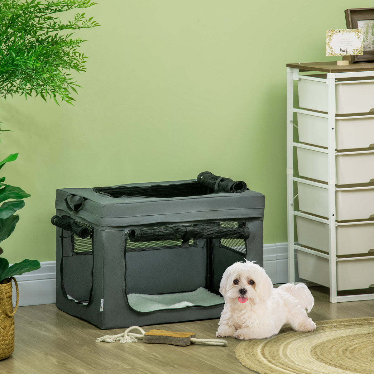 Transport crate, foldable, 3 entrances, inner cushion, for dogs and cats up to 4 kg/40 cm, grey (2)