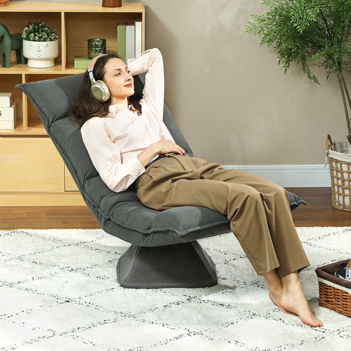 Floor chair with 5-position adjustable backrest, swivel, modern upholstered chair, dark grey (2)