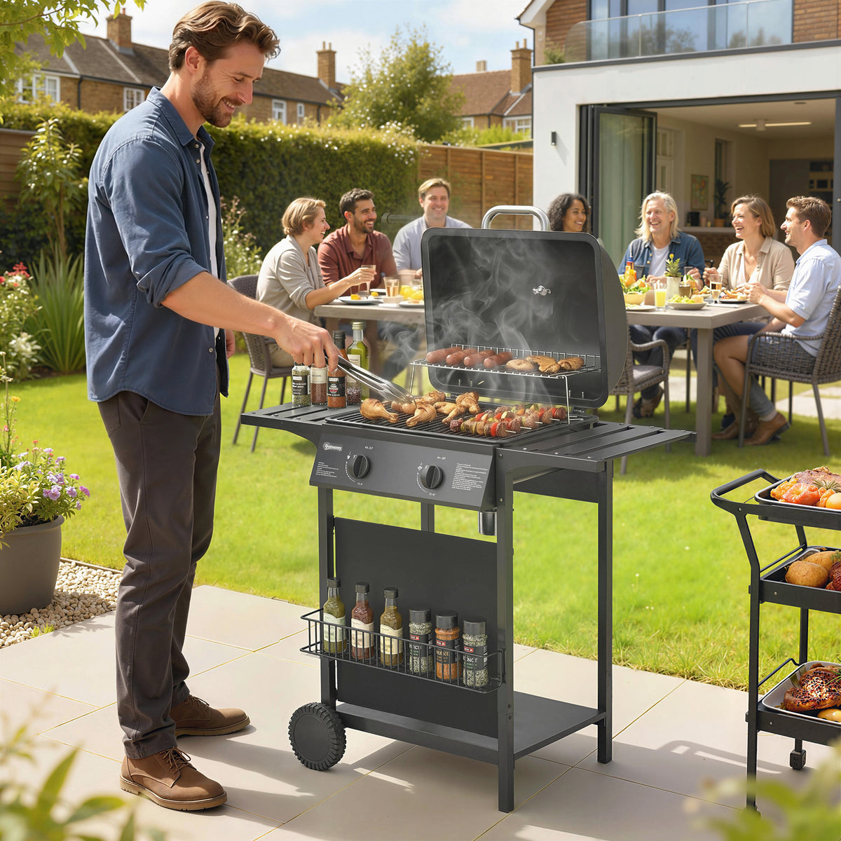 Gas grill 5 kW 2-burner BBQ grill cart stainless steel incl. side table, lower basket, front cover, thermometer (2)