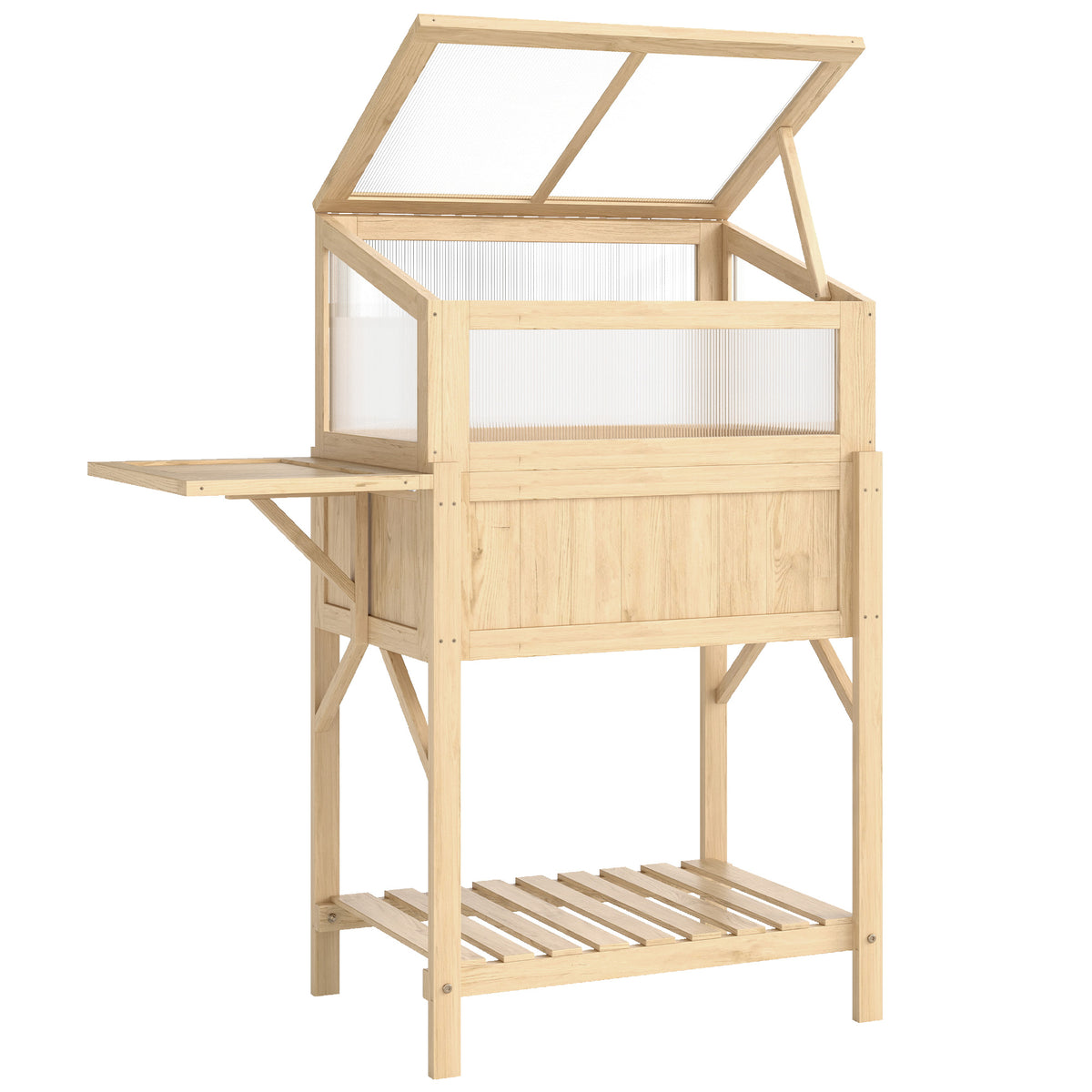 Raised garden bed with wooden cold frame attachment, planter box with greenhouse, foldable, side table, storage