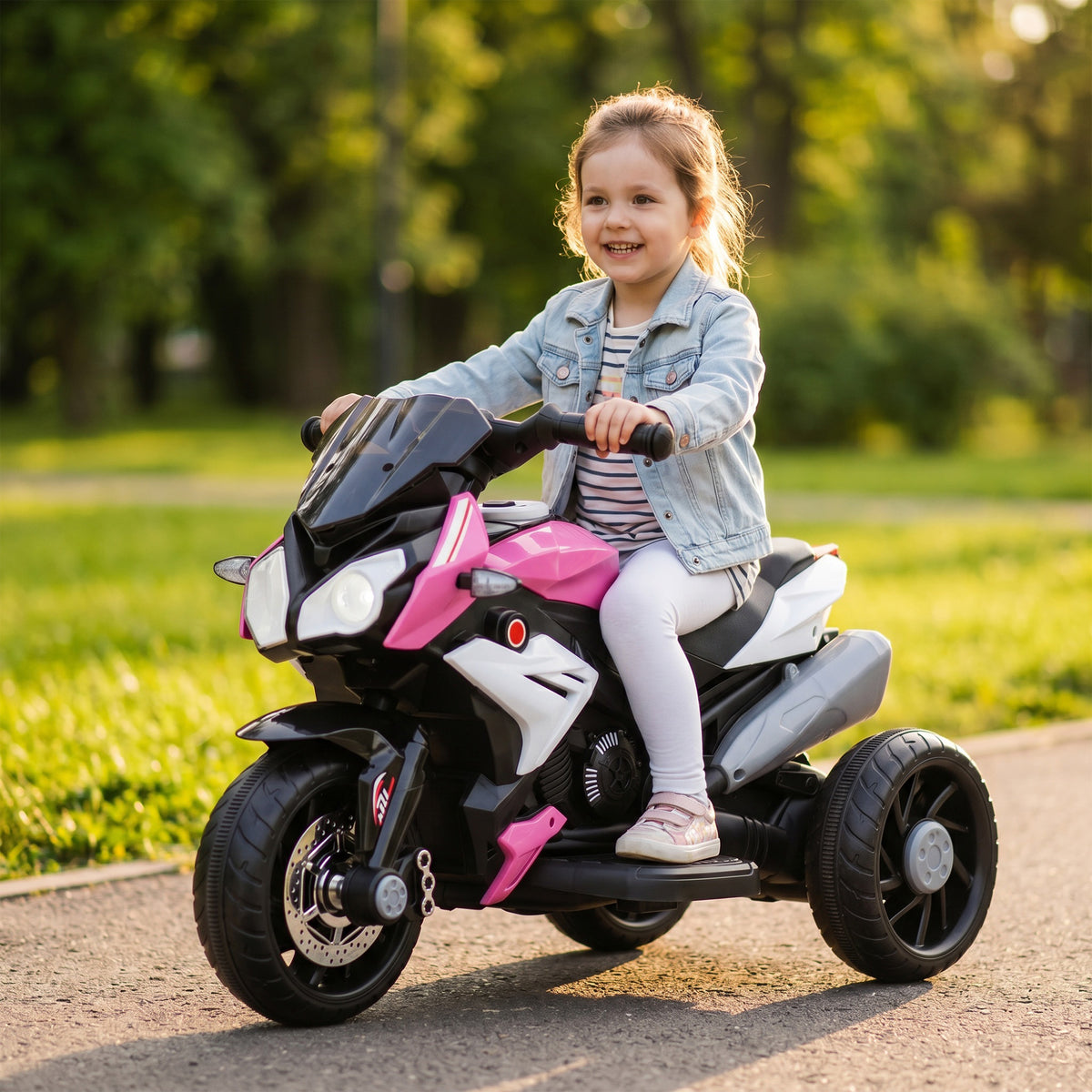 Electric children's motorcycle, lights & sounds, 3 km/h, rechargeable, plastic & metal, pink/white (9)