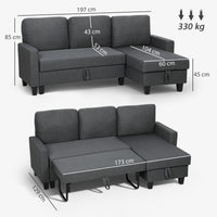 Corner sofa with sleeper function and storage box, L-shaped sofa bed with convertible chaise longue, for (3)