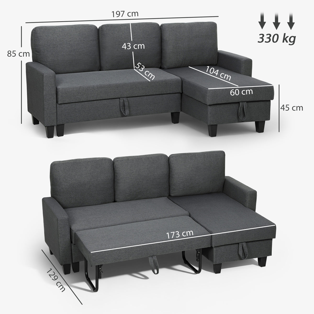 Corner sofa with sleeper function and storage box, L-shaped sofa bed with convertible chaise longue, for (3)