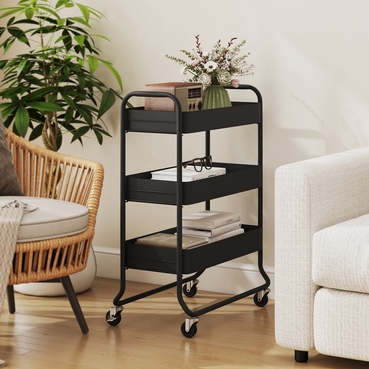 Kitchen trolley, 3 baskets, 4 castors, metal, black (8)