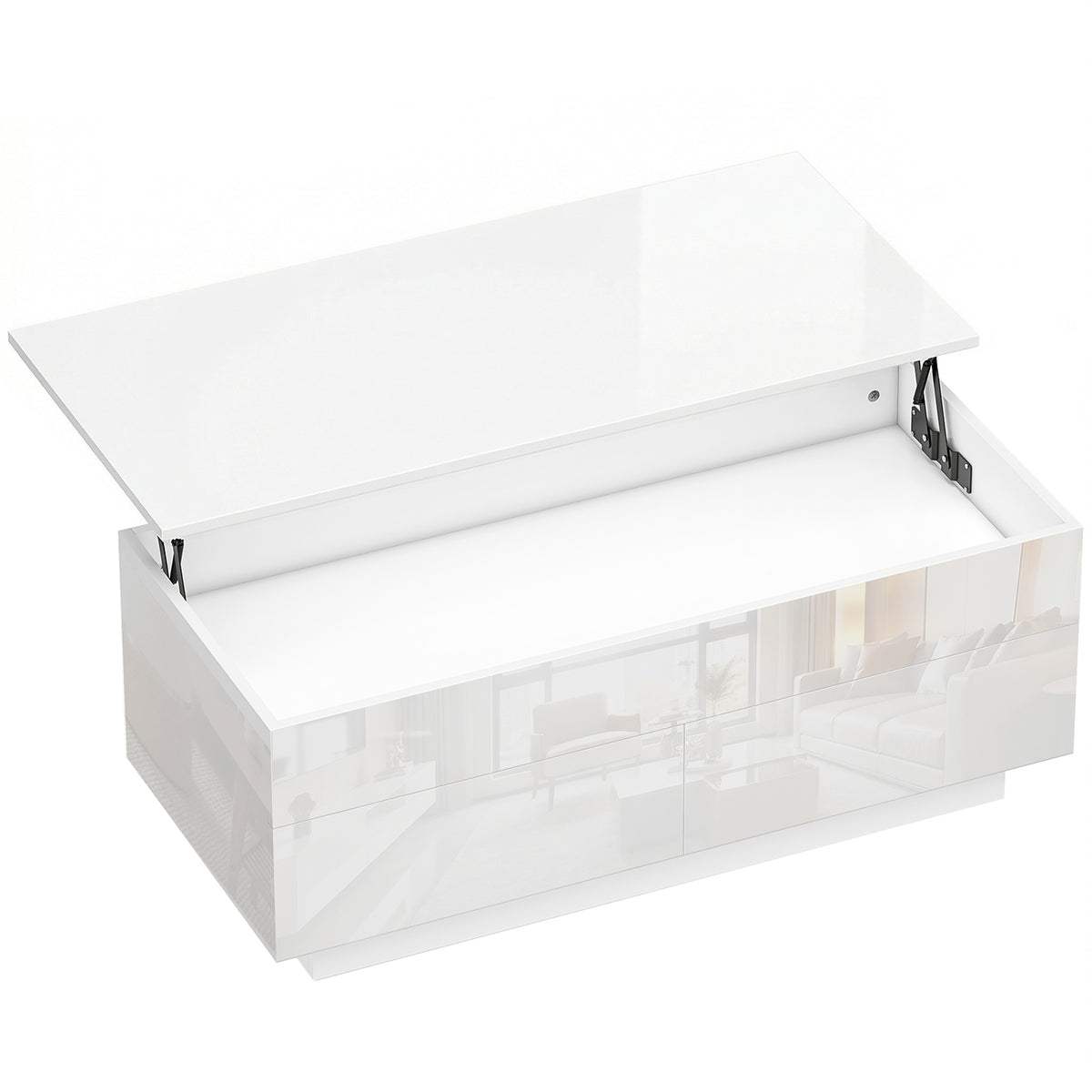 Height-adjustable coffee table, modern living room table with hidden storage and 2 drawers, high-gloss white