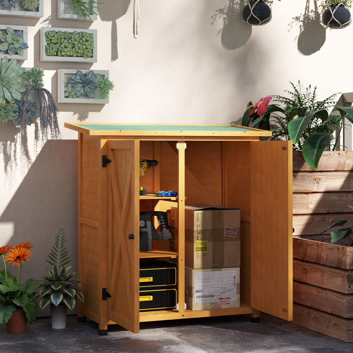 Garden cabinet, wooden tool shed, weatherproof tool cabinet with 2 doors, asphalt roof, 110 x 55 x 117 cm (2)