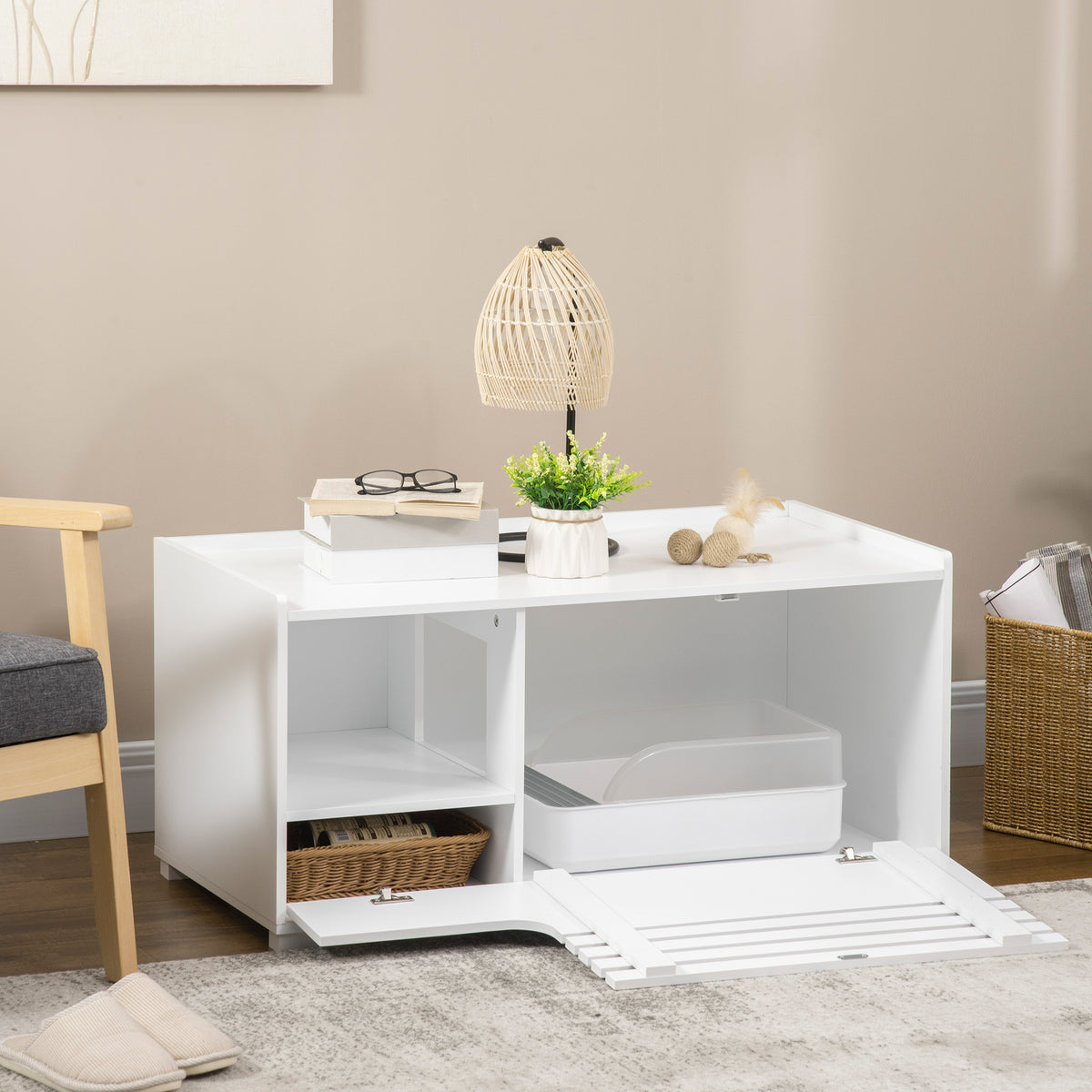 Cat cabinet with 2 shelves 2-in-1 design magnetic door white (2)