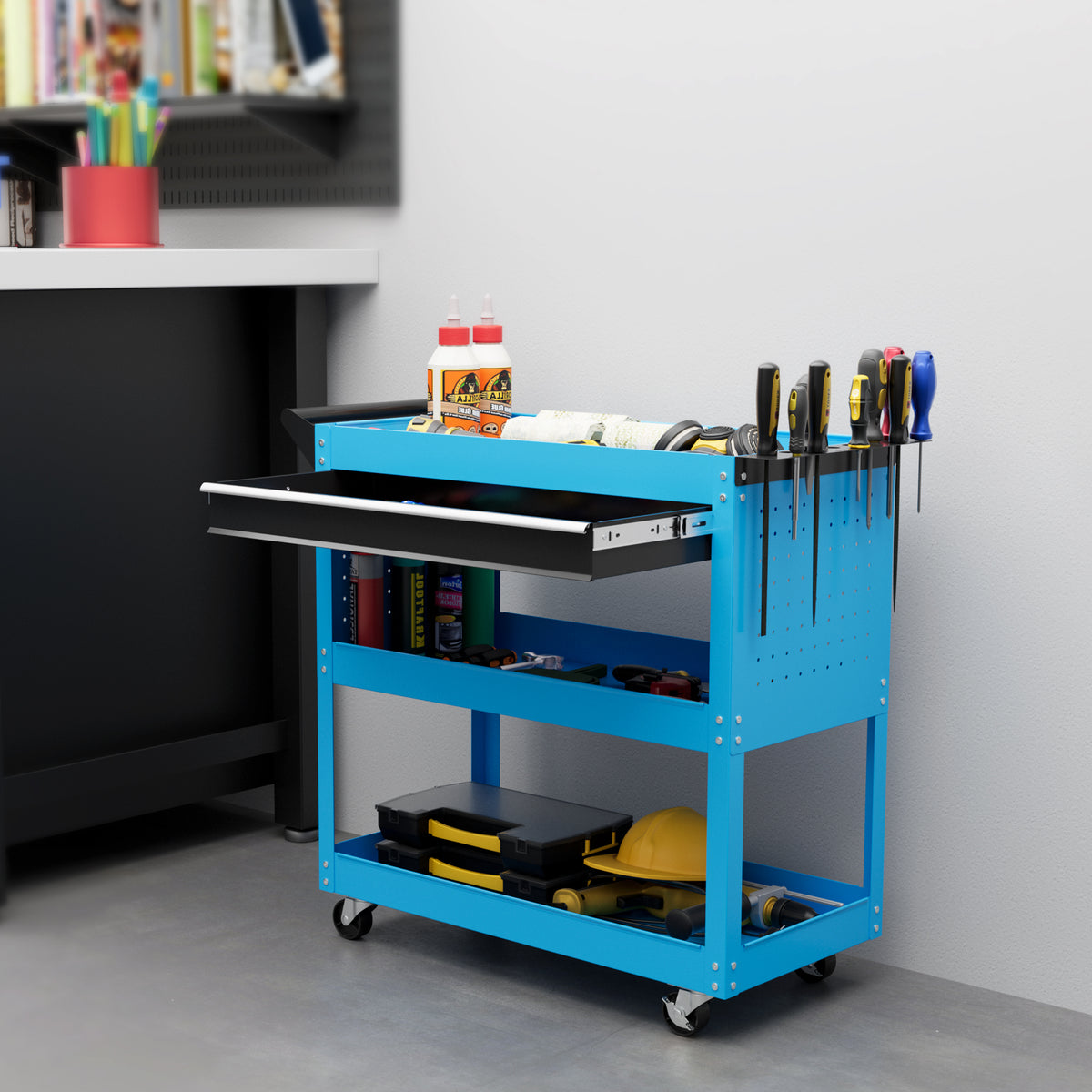 Tool case, tool trolley, tool box, 3 levels, 4 wheels, 82 cm x 35 cm x 76 cm, blue (2)
