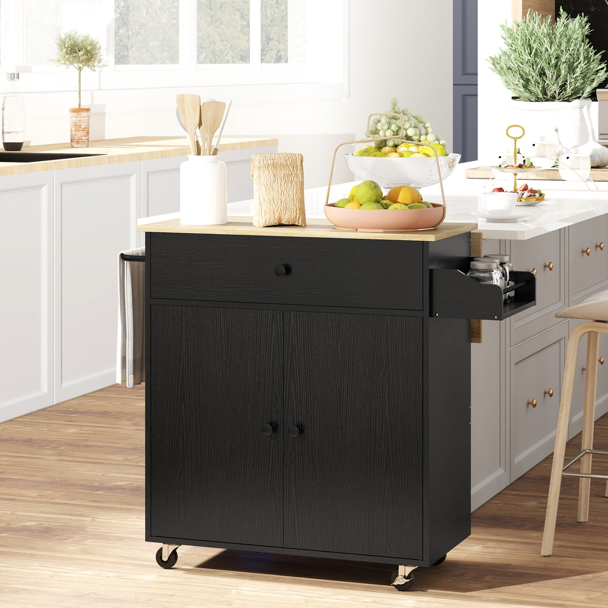 Kitchen cart with drawer, cabinet compartment, towel rack, 106 x 42 x 87 cm, black/oak (2)