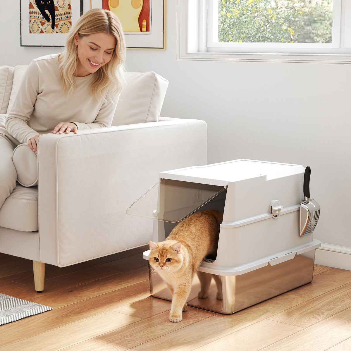 Cat litter box, stainless steel, XL interior, with scoop, light gray (2)