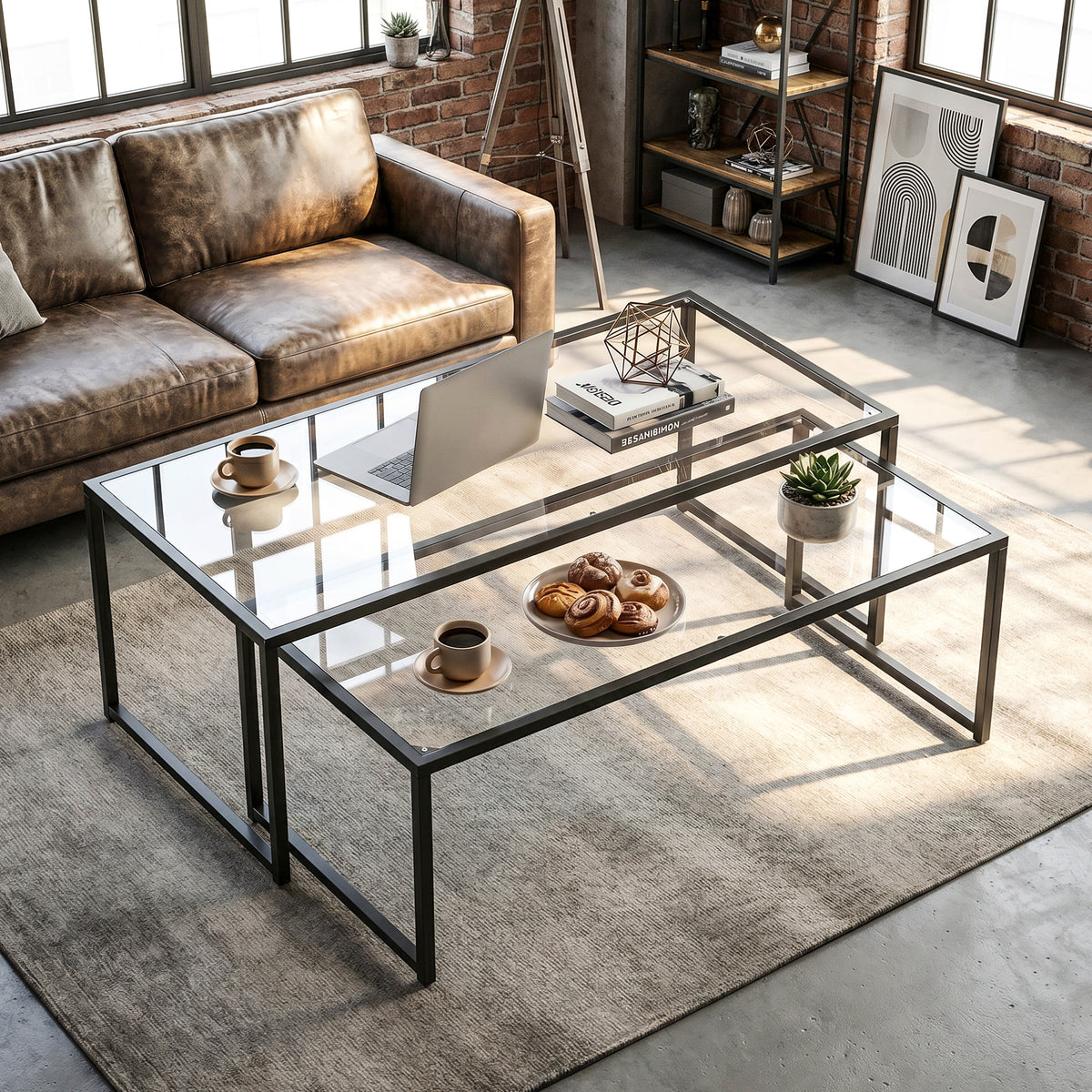 Set of 2 coffee tables, glass tables, with powder-coated steel, black + transparent (2)