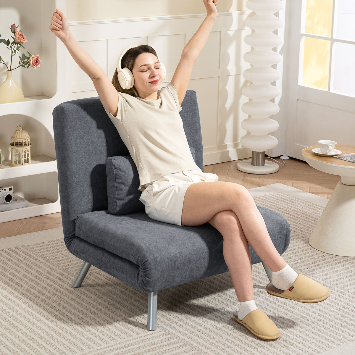 Upholstered armchair with bed function, 3-in-1 design, sleeper chair, guest bed, fabric cover, with cushion (2)
