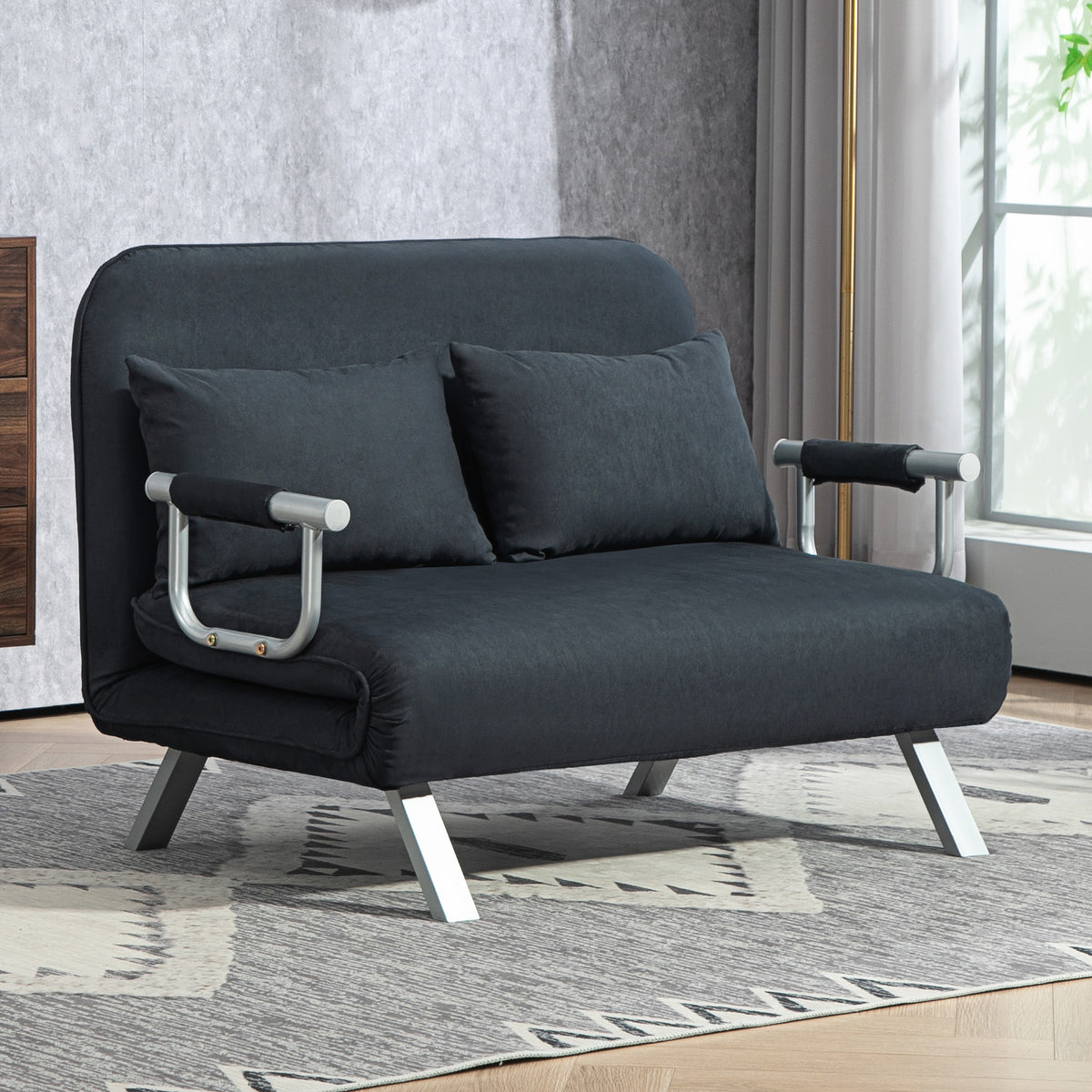 Sofa bed, 5-position adjustable, faux suede, steel frame, incl. cushions, black (2)