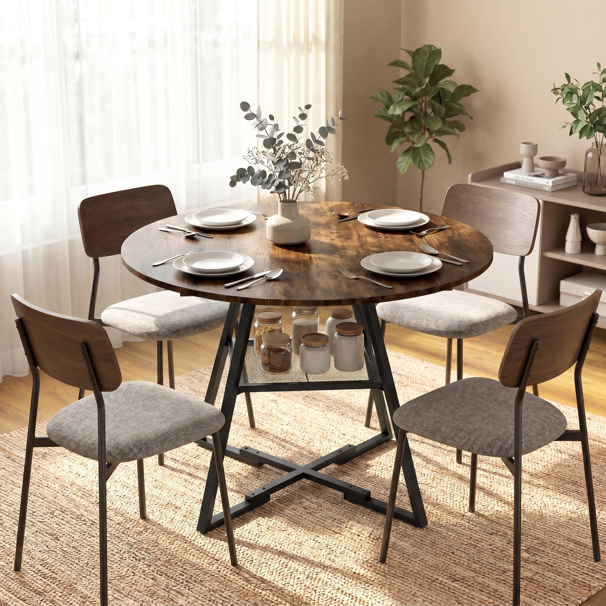 Dining table for 4 people, 100 cm round industrial kitchen table with storage shelf, wood-look tabletop, rustic (2)