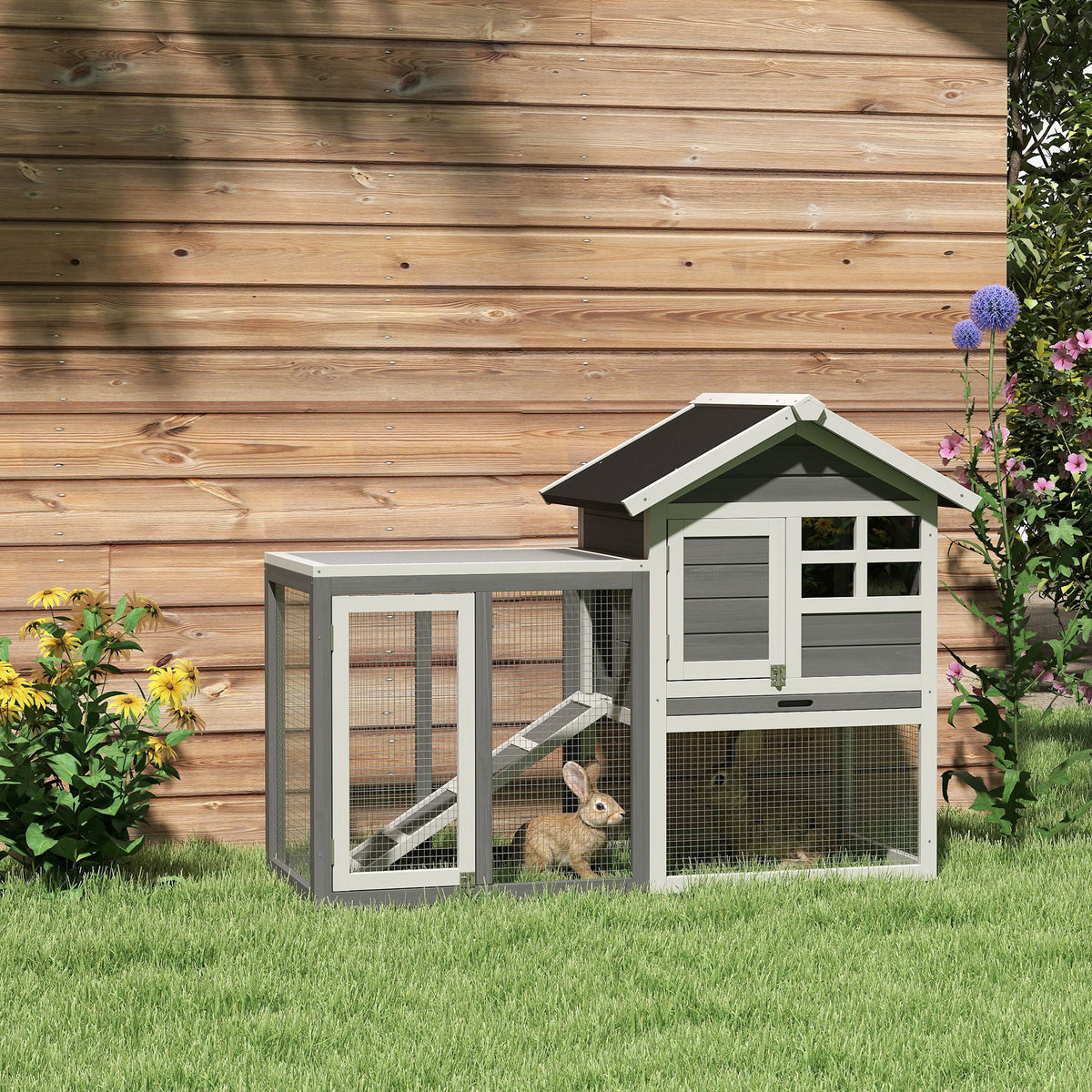 2-Tier Rabbit Hutch Wooden Rabbit House 123.5x62.6x92.5 cm Rabbit Cage with Bitumen Roof Run Ramp Doors (2)