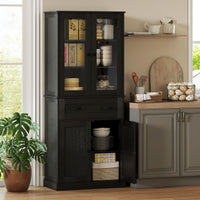 Kitchen cabinet, sideboard, acrylic front, drawers, 76 x 40 x 182.5 cm, black (2)