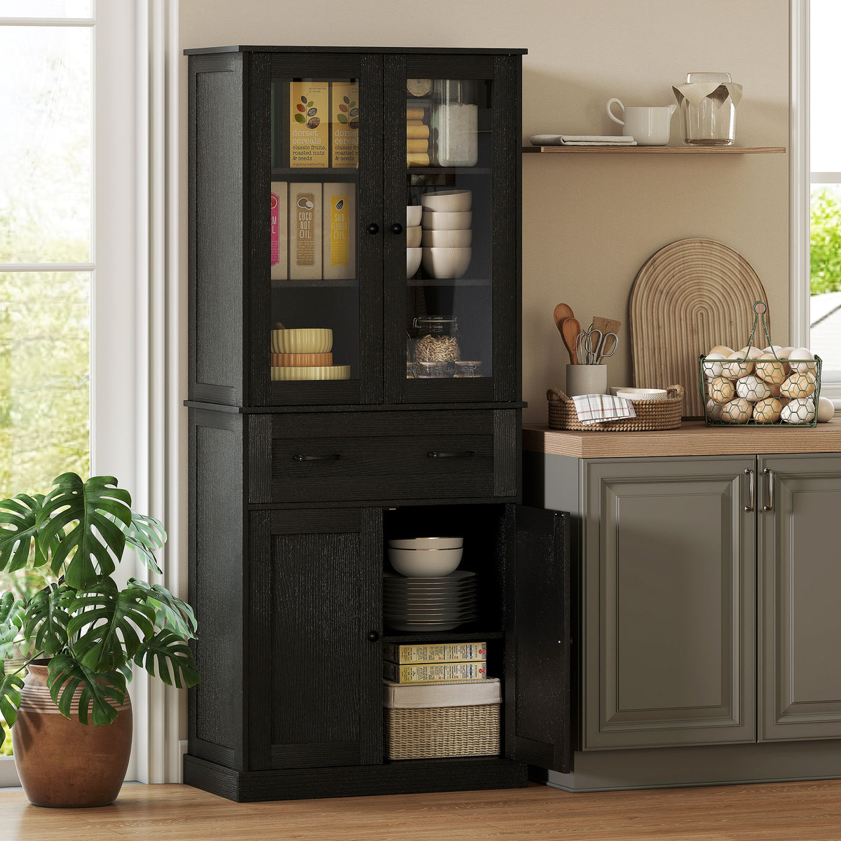 Kitchen cabinet, sideboard, acrylic front, drawers, 76 x 40 x 182.5 cm, black (2)