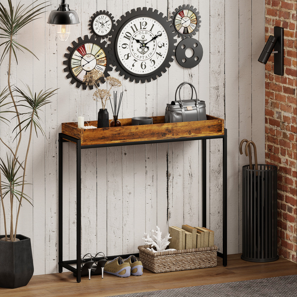 Hall table, narrow console table, metal, particleboard, rustic brown (2)