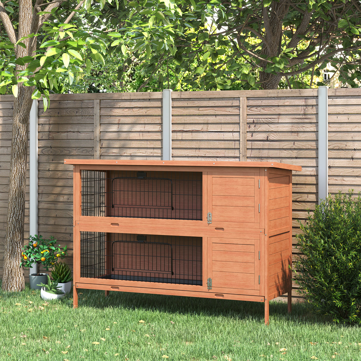 Rabbit hutch winterproof 2 levels rabbit hutch wood floor tray asphalt roof doors 136.4 x 50 x 93 cm orange (2)