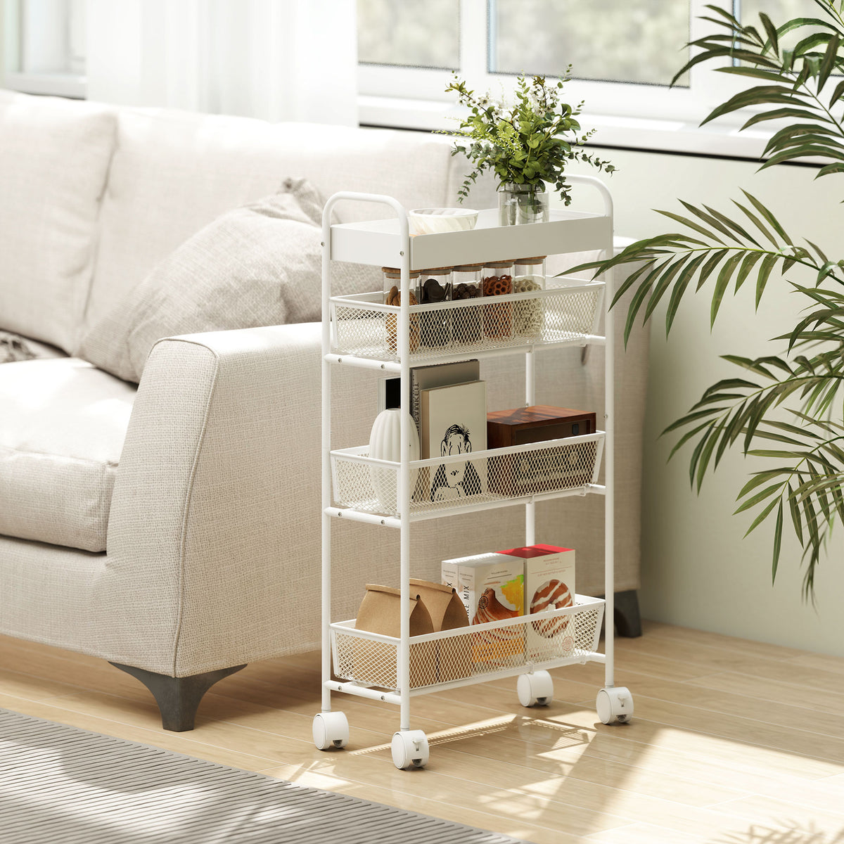 Metal kitchen trolley, 3 baskets, narrow design, 4 wheels, for kitchen, living room, bathroom, white (9)