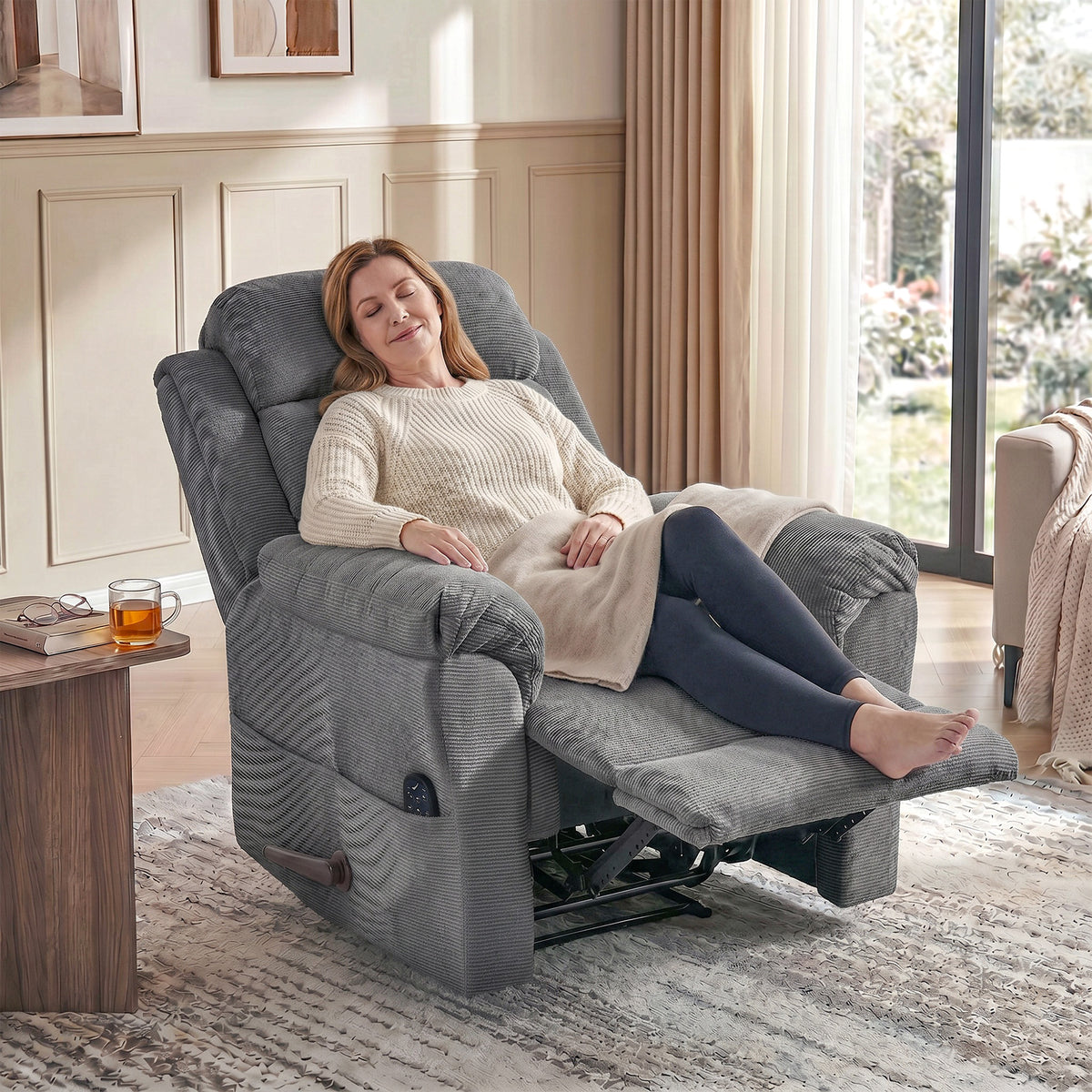 Massage recliner with heat, adjustable headrest, and wall-hugger function, gray (2)