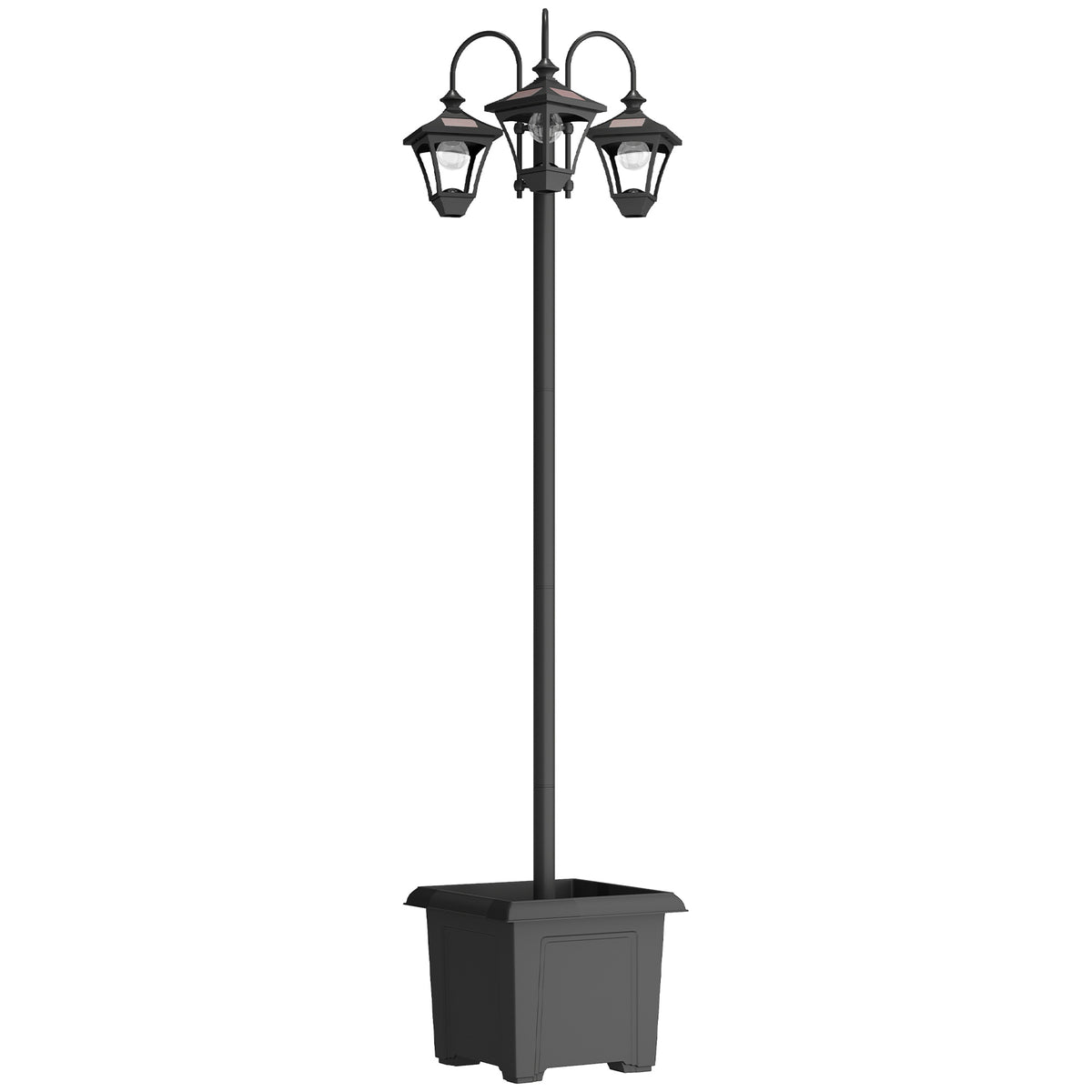 Solar Lantern Floor Lamp with Flower Pot 185cm Height-Adjustable Outdoor Garden Lantern with 3 Lamp Heads Light