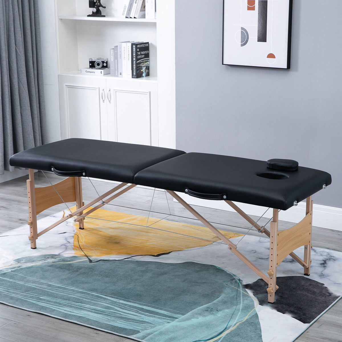 Portable Massage Table 2-Zone Foldable Height-Adjustable Massage Bed 60 cm Wide with Carrying Case Wooden Legs (2)