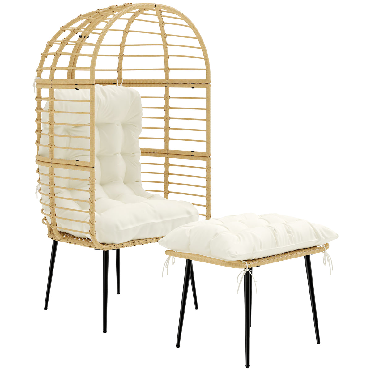Garden armchair with ottoman PE rattan egg-shaped wicker chair with long & thick cushions metal frame beige