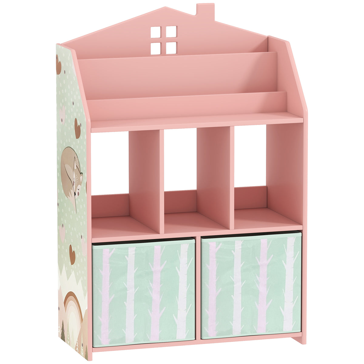 Kids' Bookshelf Children's Bookcase with 2 Fabric Drawers Open Shelf for Ages 3-8, 62.5x30x91.5 cm Pink