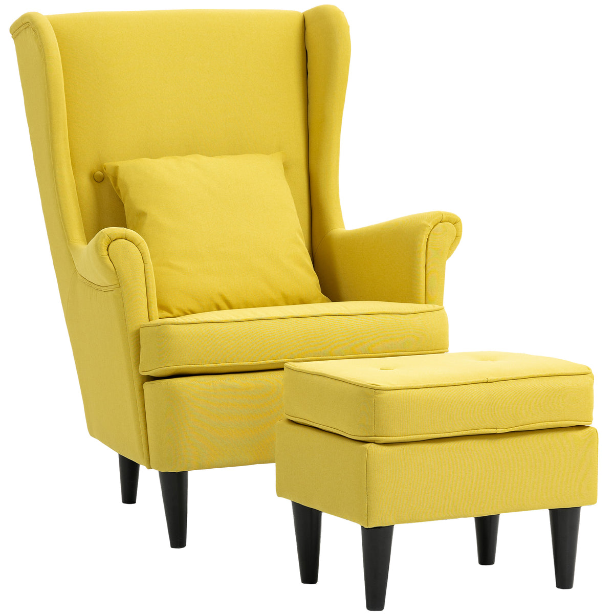 Wingback chair with ottoman, upholstered armchair with rubberwood legs, fabric cover, yellow