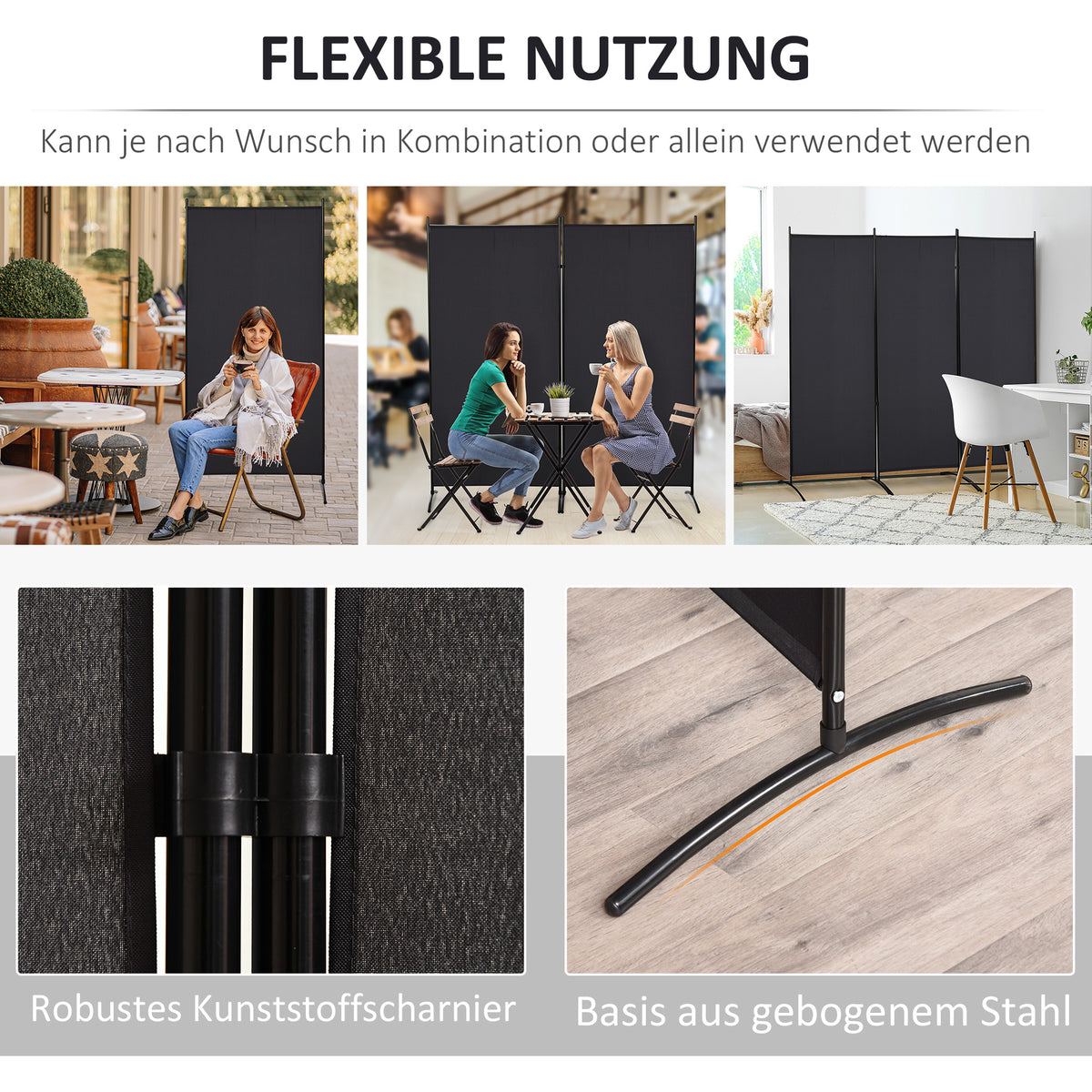 Room divider, 3-panel privacy screen, room separator with metal frame, black (6)