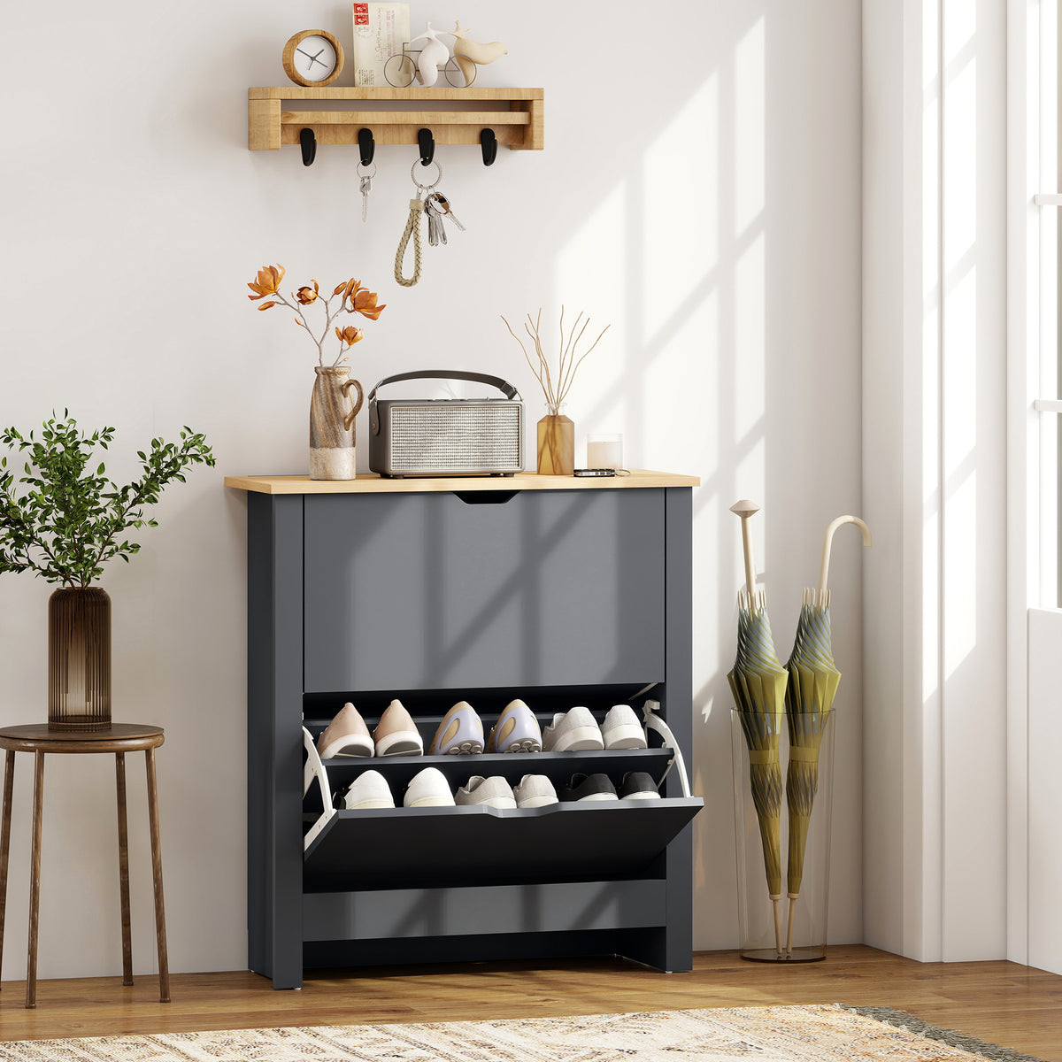 Shoe cabinet with 2 tilt-out compartments, adjustable divider for 8-12 pairs of shoes, 72 x 26 x 80 cm, dark (2)