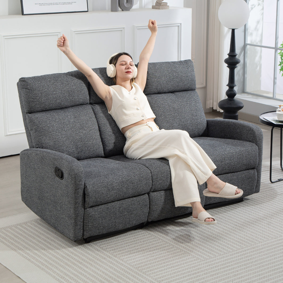 3-seater sofa, individually adjustable backrests, footrest, fabric upholstery, metal, grey (2)