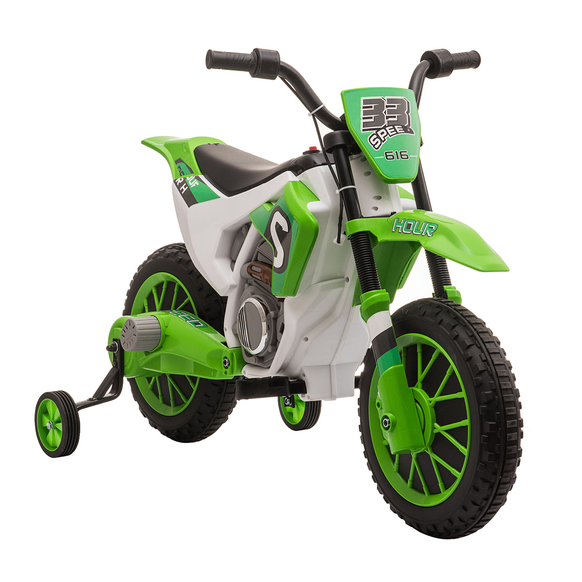 Children's motorcycle, electric motorcycle, 45 min ride time, with training wheels, 3-6 years, green+white