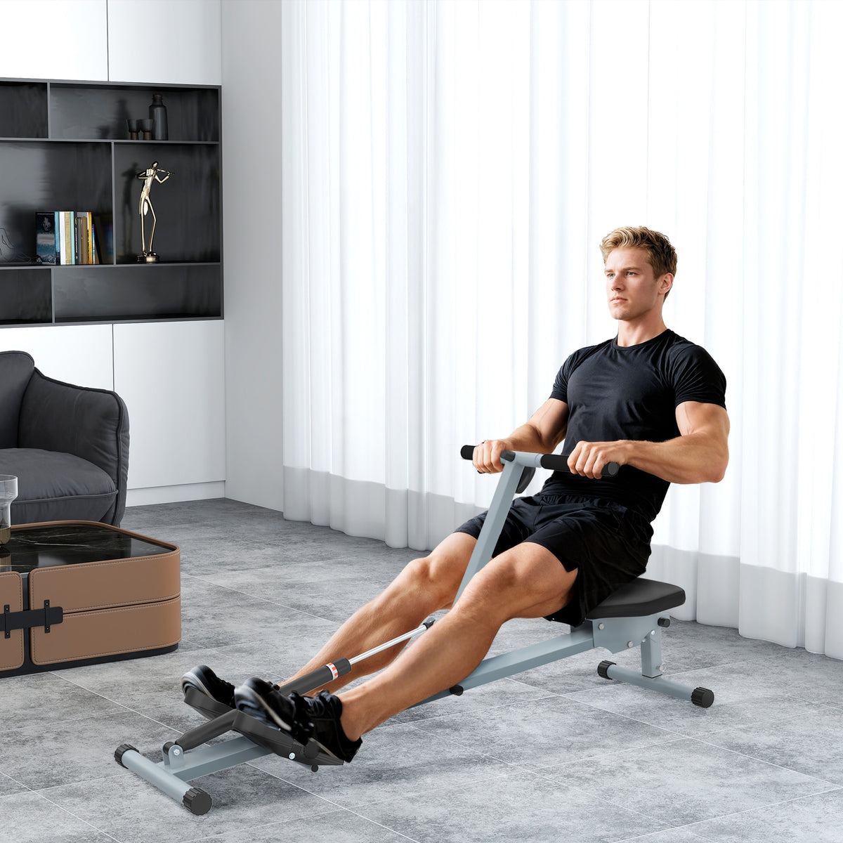 Rowing machine for home use, hydraulic fitness rowing machine with LCD display, 12 resistance levels, rowing (2)