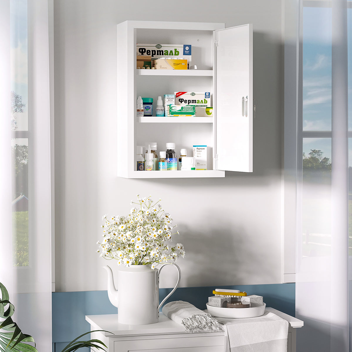 Medicine cabinet, 3 compartments, lockable door, sturdy steel housing, white, 30 x 14 x 46 cm (2)