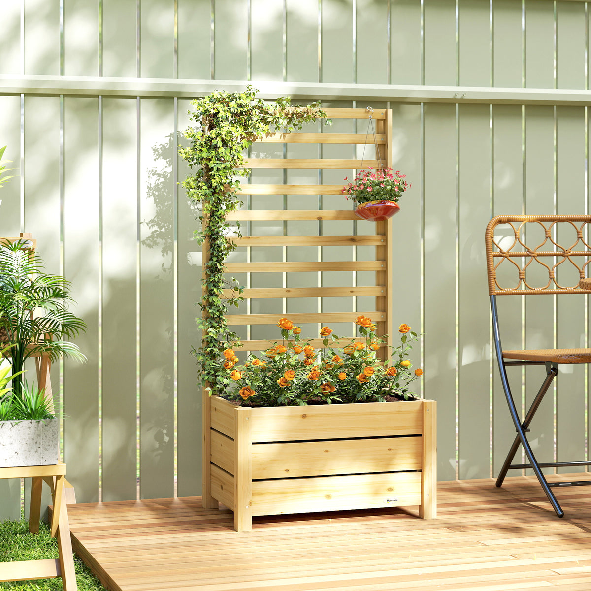 Raised bed with trellis wooden elevated flower box with lattice drainage hole non-woven fabric 60 x 39 x 120 cm (2)