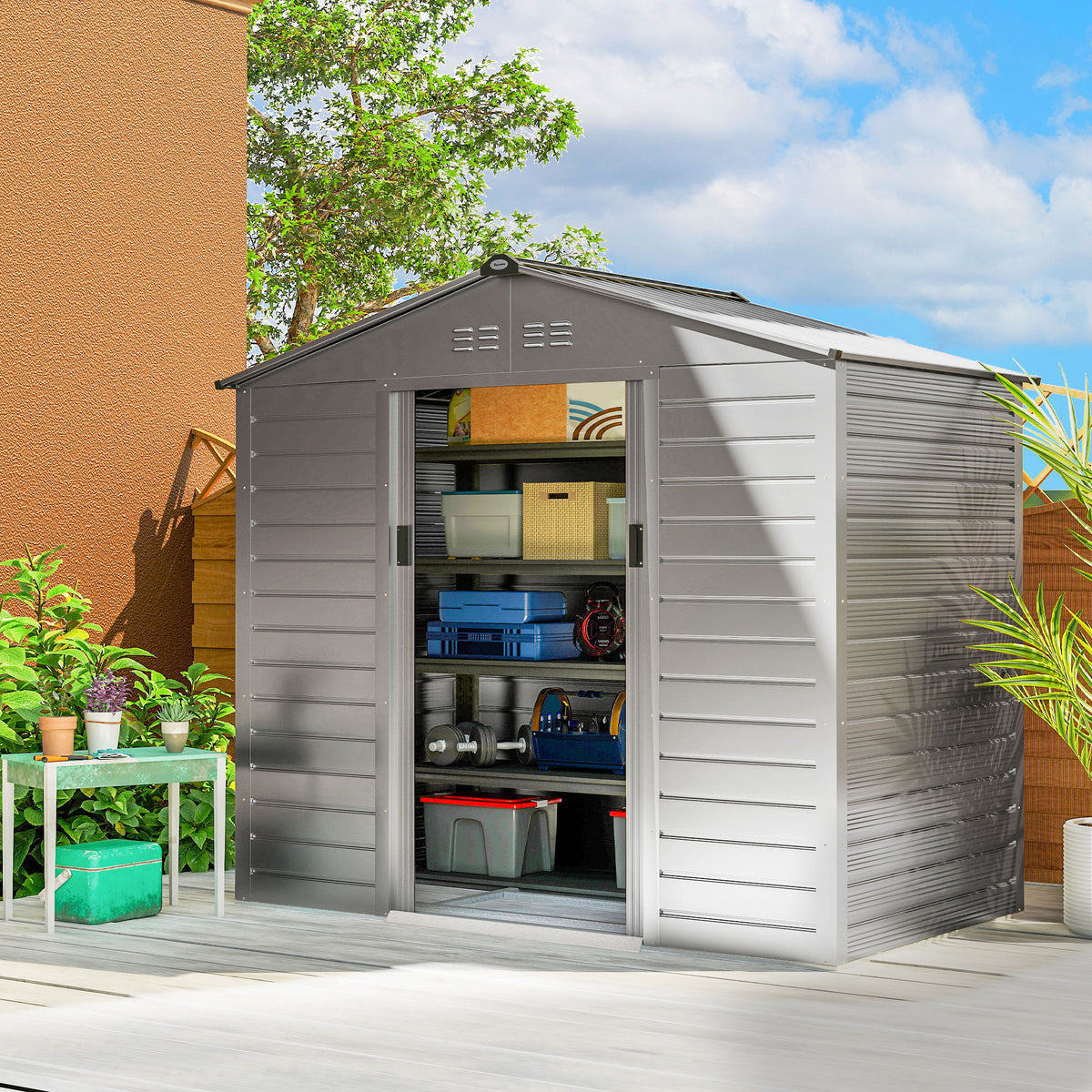 2.43 m² tool shed, 213 x 131 x 192 cm storage shed with gable roof, lockable sliding door, weatherproof, grey (2)