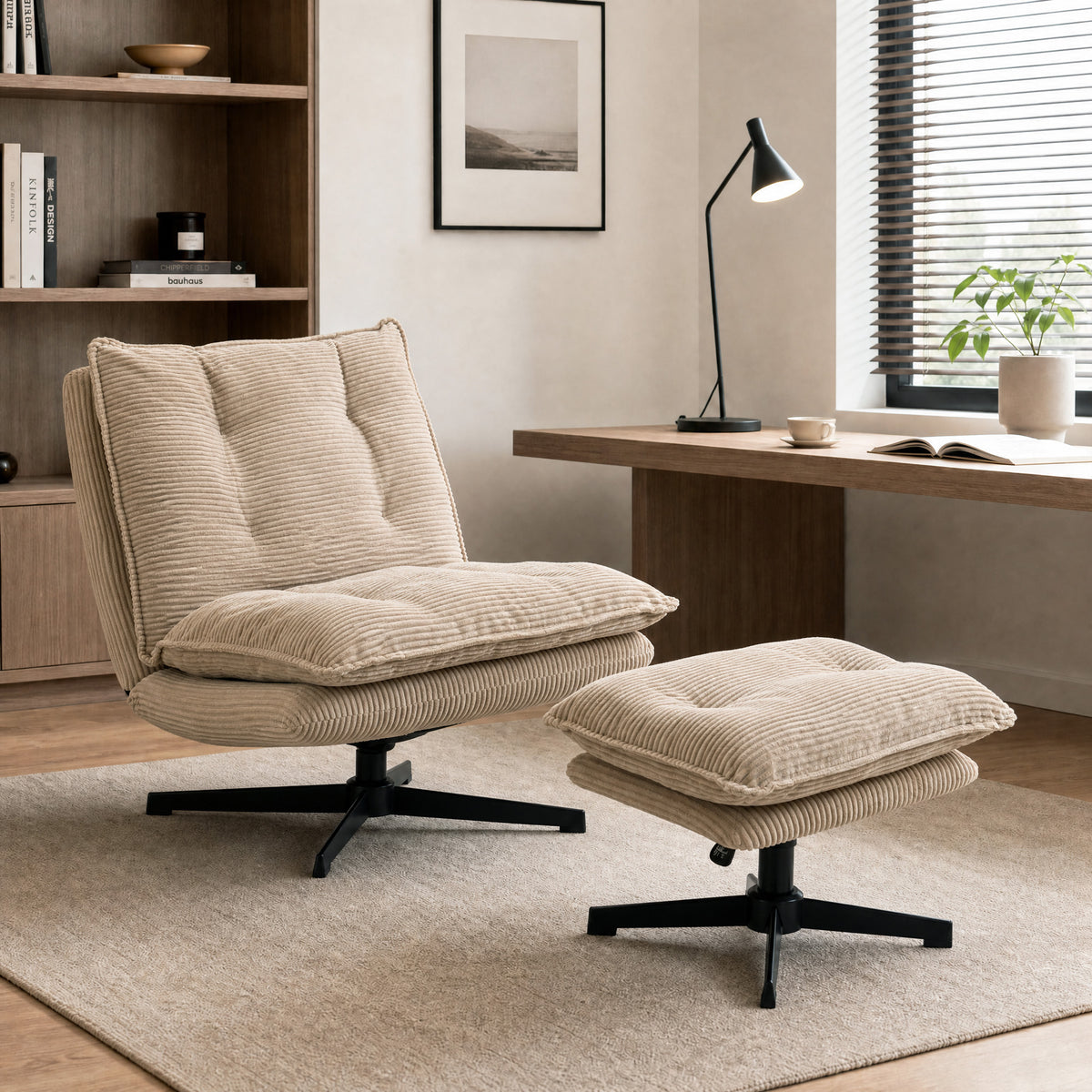 Lounge chair with ottoman, 360° swivel, corduroy cover, height-adjustable footrest, beige (2)