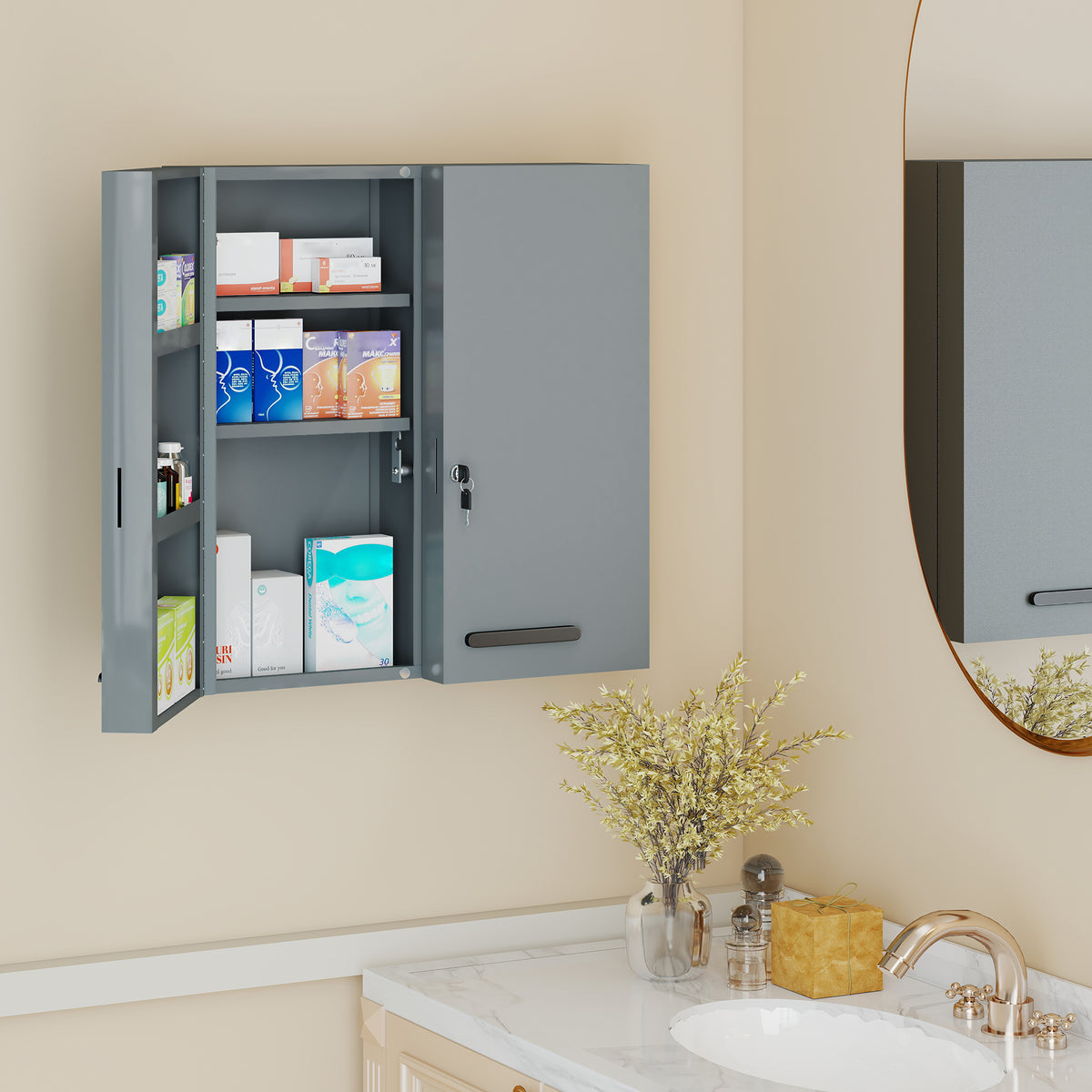 Medicine cabinet, lockable medicine cabinet with 2 doors and 6 shelves, charcoal gray (2)