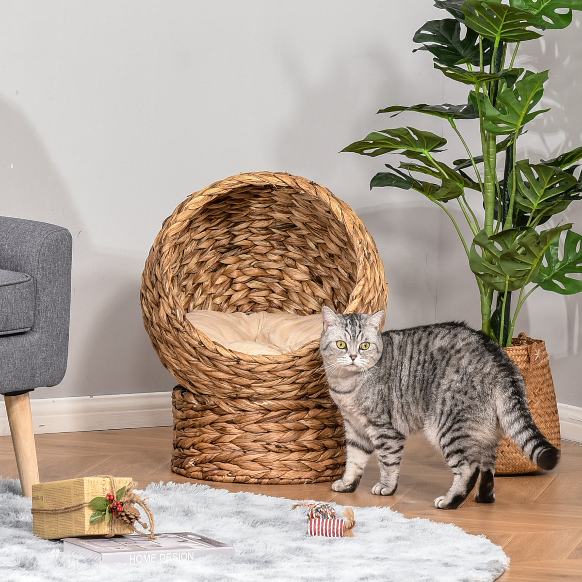 Rattan cat basket, cat cave, cat hut, cat bed with cushion, pet bed, water hyacinth, brown, 50 x 42 x 60 cm (2)